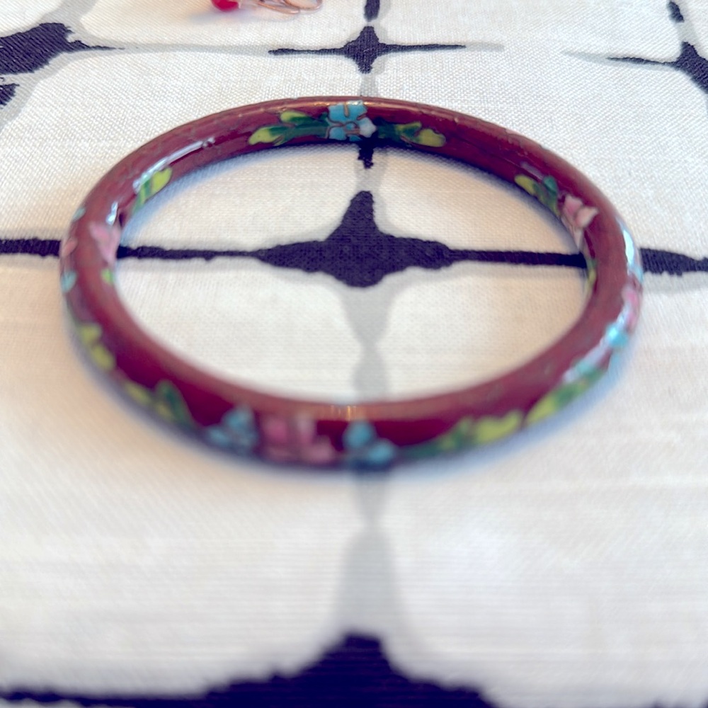 Brown Maroon Cloisonné Antique Floral Bangle Bracelet